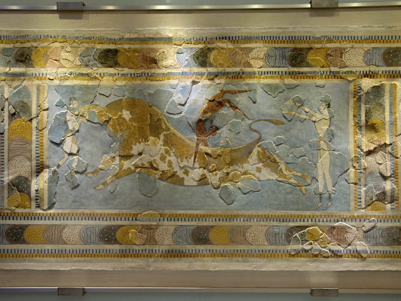Minoan fresco from the Palace of Knossos depicting acrobatic bull-leaping, a ritual of the Minoan civilization symbolizing the connection between humans and the bull.