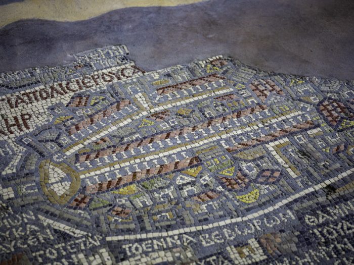 Ancient Madaba Mosaic Map showing sites of the Holy Land including Tharais