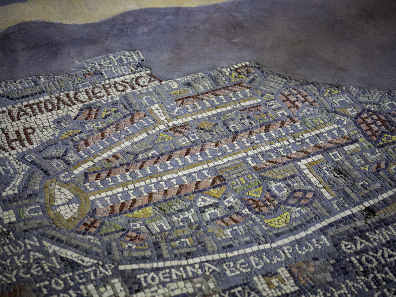 Ancient Madaba Mosaic Map showing sites of the Holy Land including Tharais