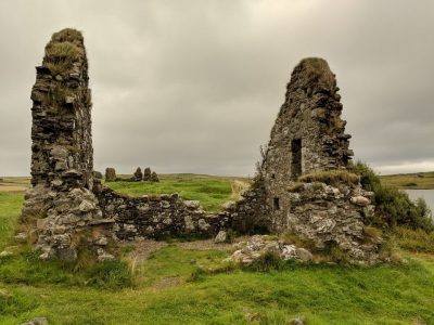Islands of Loch Finlaggan with ruins visible from a distance