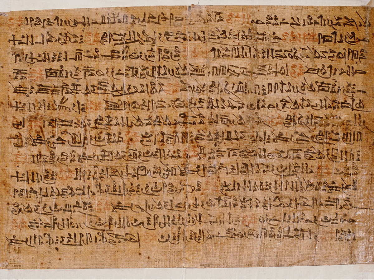A photo of the Ipuwer Papyrus (Papyrus Leiden I 344 recto), an ancient Egyptian manuscript describing a widespread catastrophe, with visible hieratic script.
