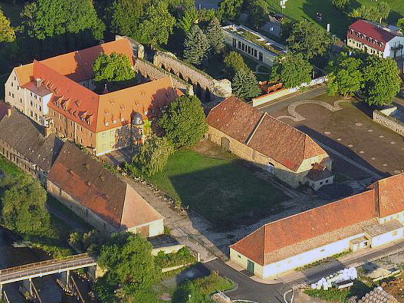 Aerial view of Memleben Abbey ruins showing the monastery layout and surrounding landscape