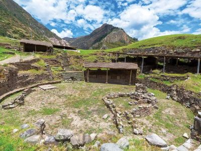 Ancient stone temple complex of Chavin de Huantar in the Peruvian Andes showing massive masonry walls under a clear sky